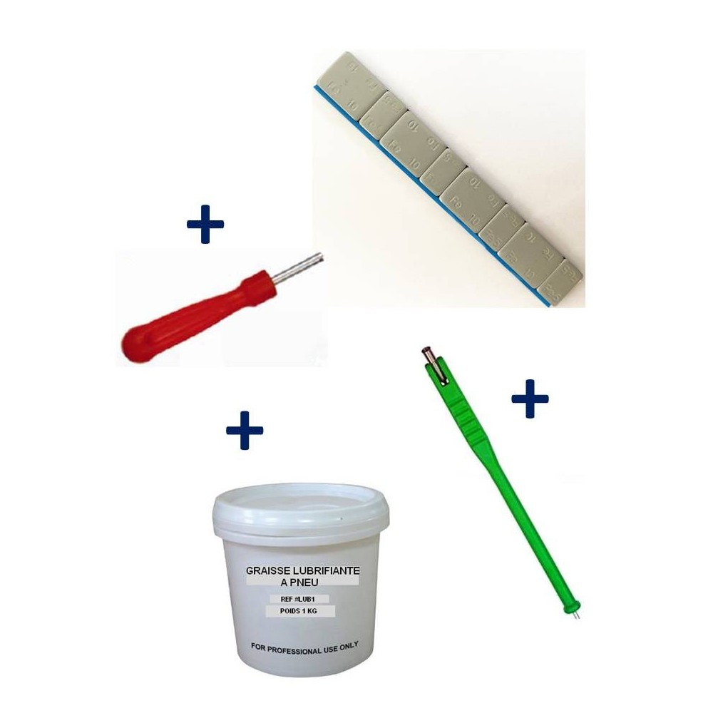 Kit 100 Plombs Masses d'Equilibrage Adhésifs 4x5g-4x10g + Tire Valve + Démonte Obus + Graisse Pneu