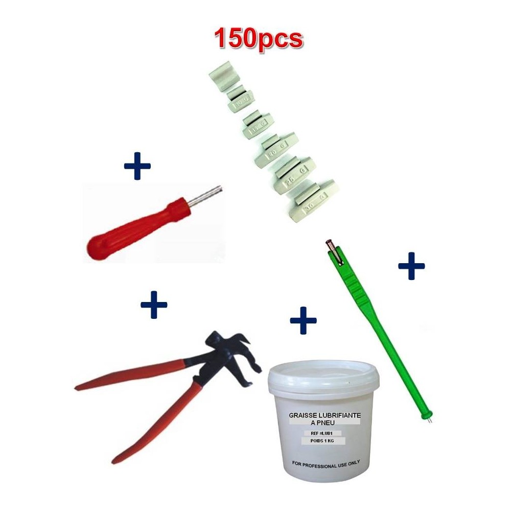 Kit 150 Plombs Masses d'Equilibrage à  Frapper 5 à  30gr + Tire Valve + Démonte Obus + Graisse Pneu + Pince