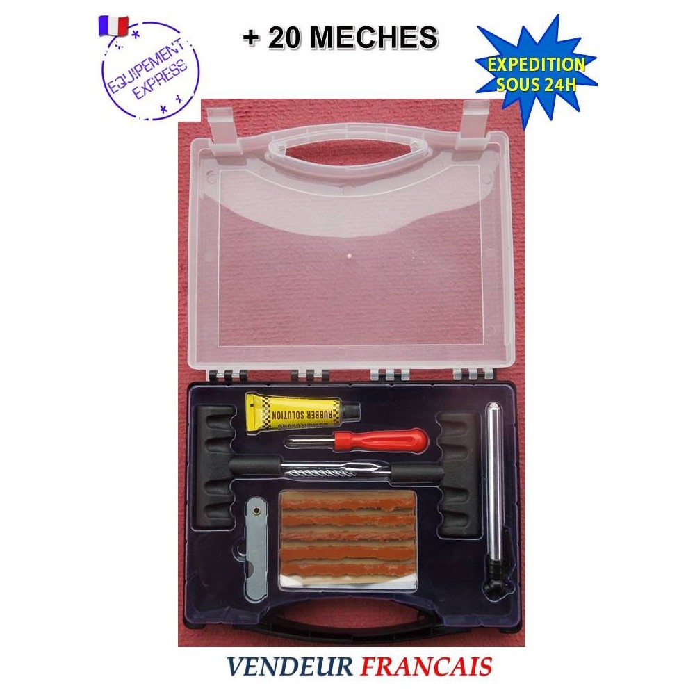 Kit réparation Pneu Tubeless Auto Moto 4x4 + 20 Mèches pré encollées