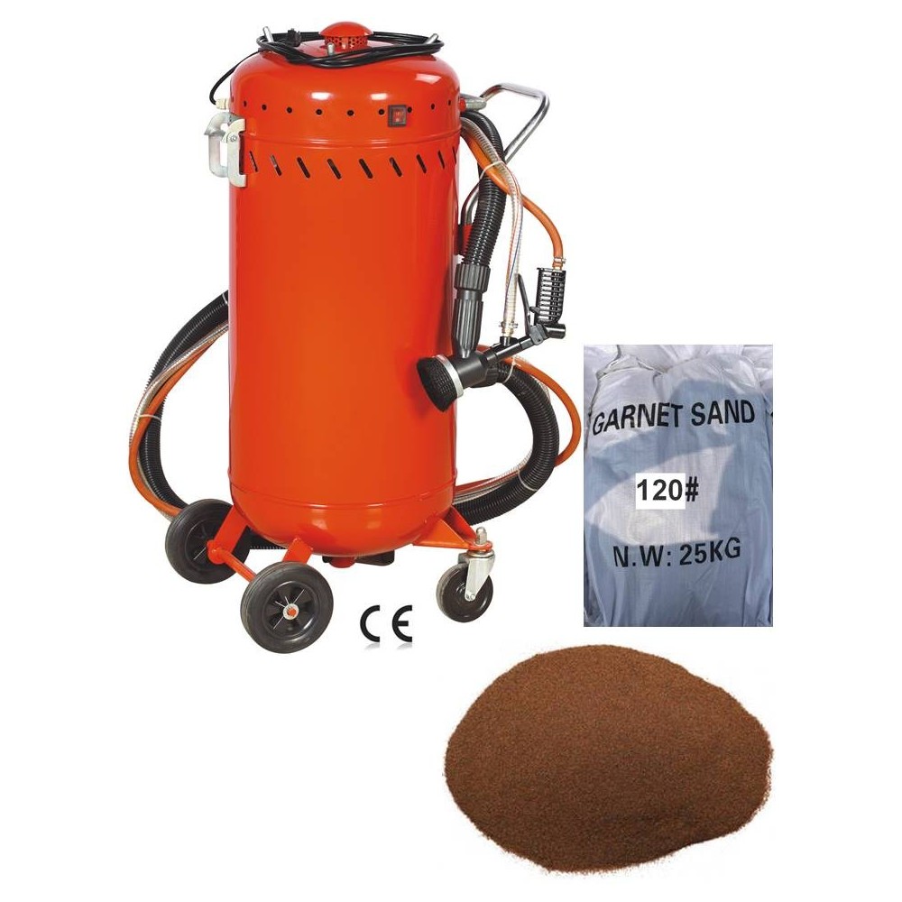Combiné Sableuse Aérogommeuse Aspirateur mobile 106L + Sac 25kg d'Abrasif Garnet 120A+ Mesh