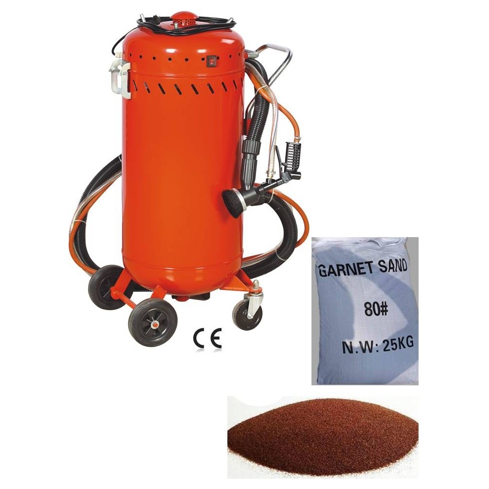 Combiné Sableuse Aérogommeuse Aspirateur mobile 106L + Sac 25kg d'Abrasif Garnet 80A+ Mesh