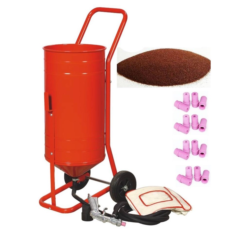 Sableuse Aérogommeuse mobile sur Roulettes 56,70L 90lb 41kg + 20 Buses + Sac 20kg Abrasif Garnet 80A+