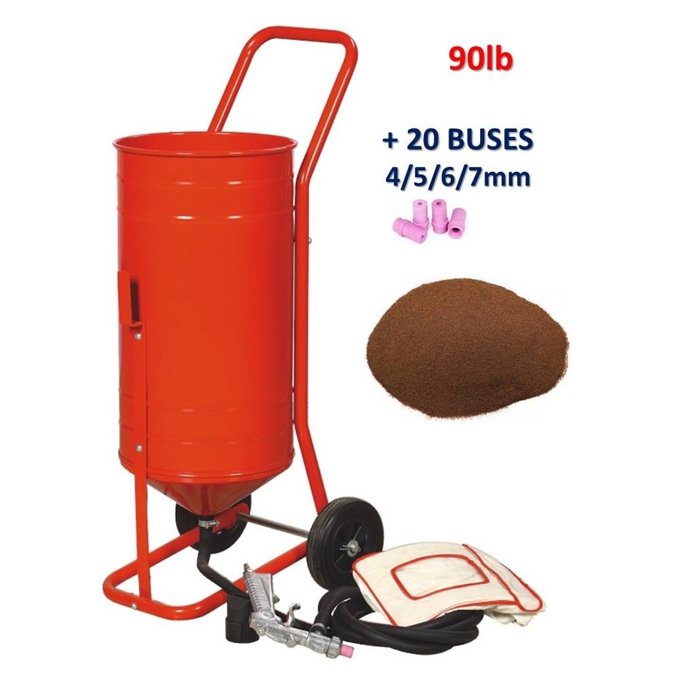 Sableuse Aérogommeuse mobile sur Roulettes 56,70L 90lb 41kg + 20 Buses + Sac 20kg d'Abrasif Garnet 120A+ Mesh