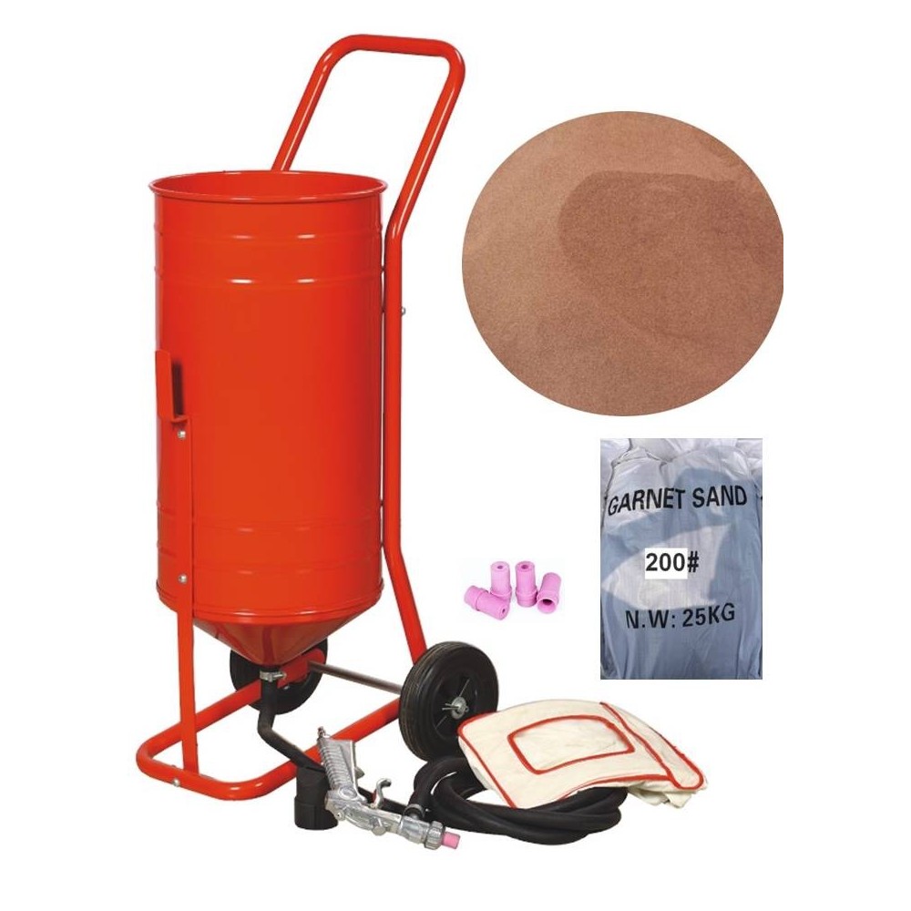 Sableuse Aérogommeuse mobile sur Roulettes 31,50L 50lb 23kg + Sac 20kg Abrasif Garnet 200A+
