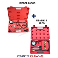 Kit Testeur Compression Compressiomètre moteurs DIESEL 20 pièces + ESSENCE 9 pièces