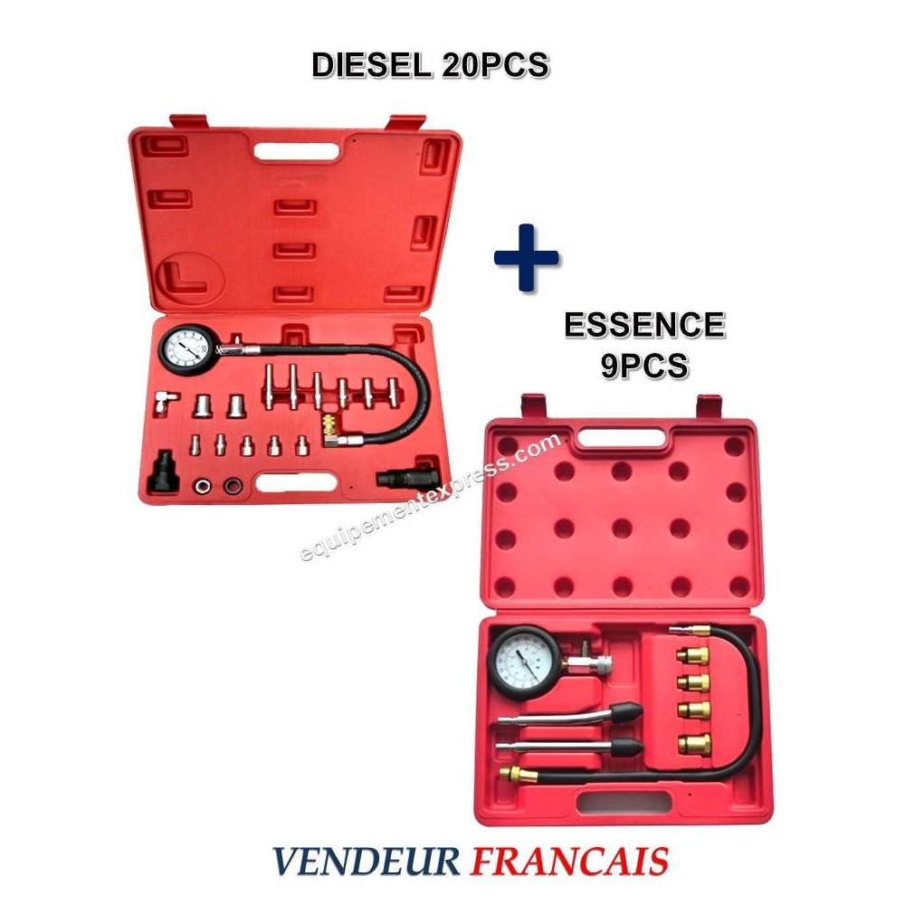 Kit Testeur Compression Compressiomètre moteurs DIESEL 20 pièces + ESSENCE 9 pièces