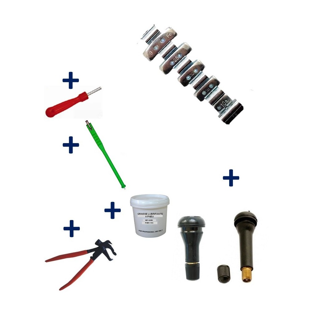 Kit 150 Masses d’Equilibrage à Frapper Jantes Alu 5-30g + 100 Valves TR413-414 + Tire Valve + Démonte Obus + Graisse Pneu + 