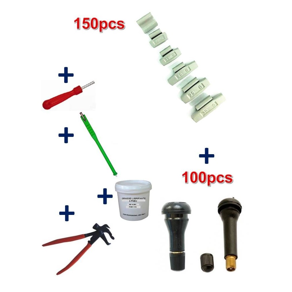 Kit 150 Masses d'Equilibrage à  Frapper 5 à  30g +100 Valves TR413-414 + Tire Valve + Démonte Obus