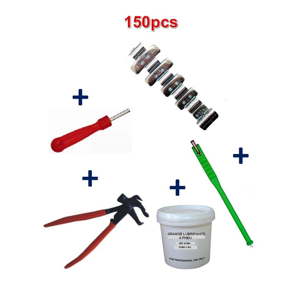 Kit 150 Plombs Masses d’Equilibrage à Frapper Jante Alu 5-30g + Tire Valve + Démonte Obus